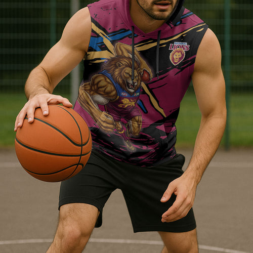Brisbane Lions Sleeveless Hoodie Lions Muscular Mascot Graphic - Abstract Paint Splatter Art