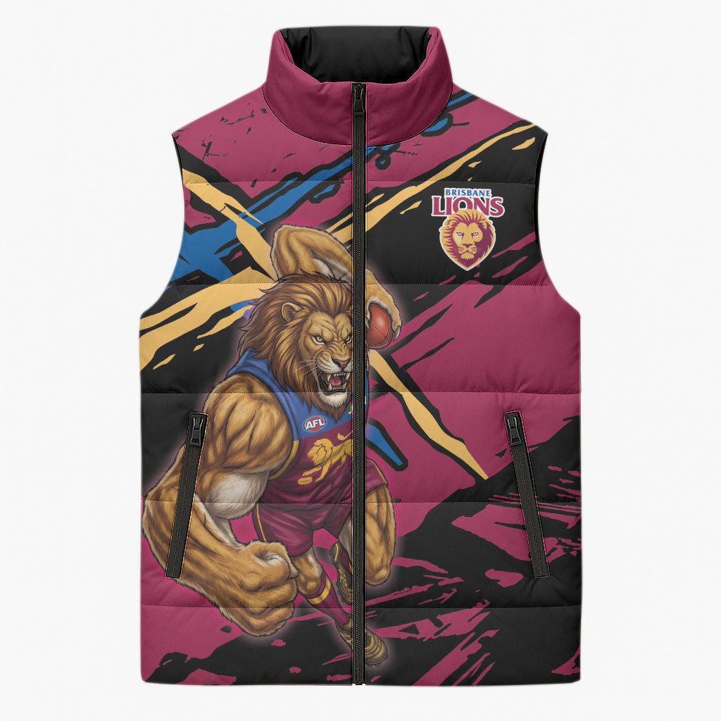Brisbane Lions Sleeveless Puffer Jacket Lions Muscular Mascot Graphic - Abstract Paint Splatter Art