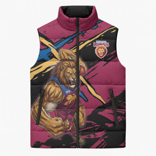 Brisbane Lions Sleeveless Puffer Jacket Lions Muscular Mascot Graphic - Abstract Paint Splatter Art