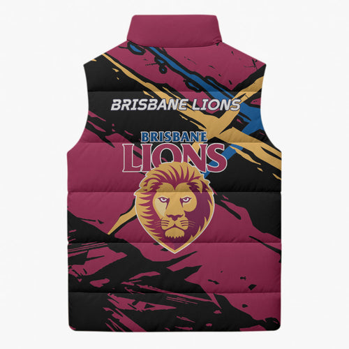 Brisbane Lions Sleeveless Puffer Jacket Lions Muscular Mascot Graphic - Abstract Paint Splatter Art