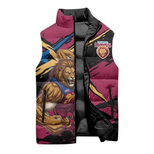 Brisbane Lions Sleeveless Puffer Jacket Lions Muscular Mascot Graphic - Abstract Paint Splatter Art