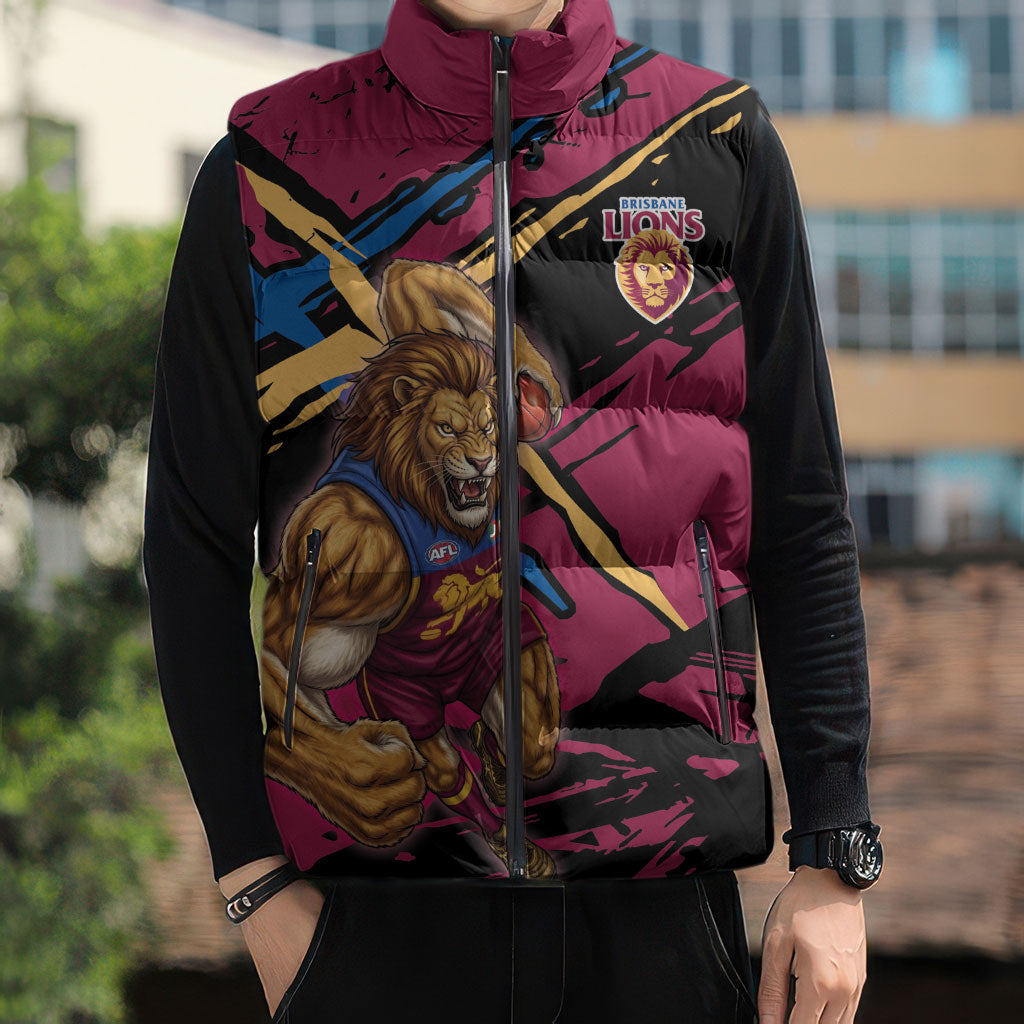 Brisbane Lions Sleeveless Puffer Jacket Lions Muscular Mascot Graphic - Abstract Paint Splatter Art