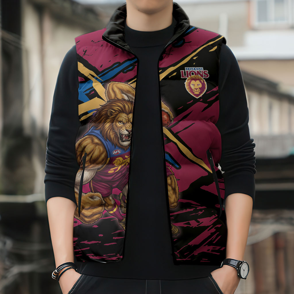 Brisbane Lions Sleeveless Puffer Jacket Lions Muscular Mascot Graphic - Abstract Paint Splatter Art