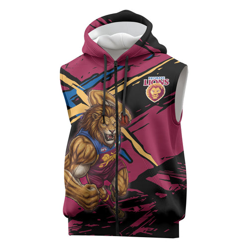 Brisbane Lions Sleeveless Zip Hoodie Lions Muscular Mascot Graphic - Abstract Paint Splatter Art