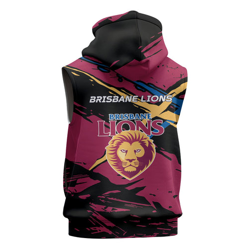 Brisbane Lions Sleeveless Zip Hoodie Lions Muscular Mascot Graphic - Abstract Paint Splatter Art