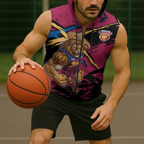 Brisbane Lions Sleeveless Zip Hoodie Lions Muscular Mascot Graphic - Abstract Paint Splatter Art