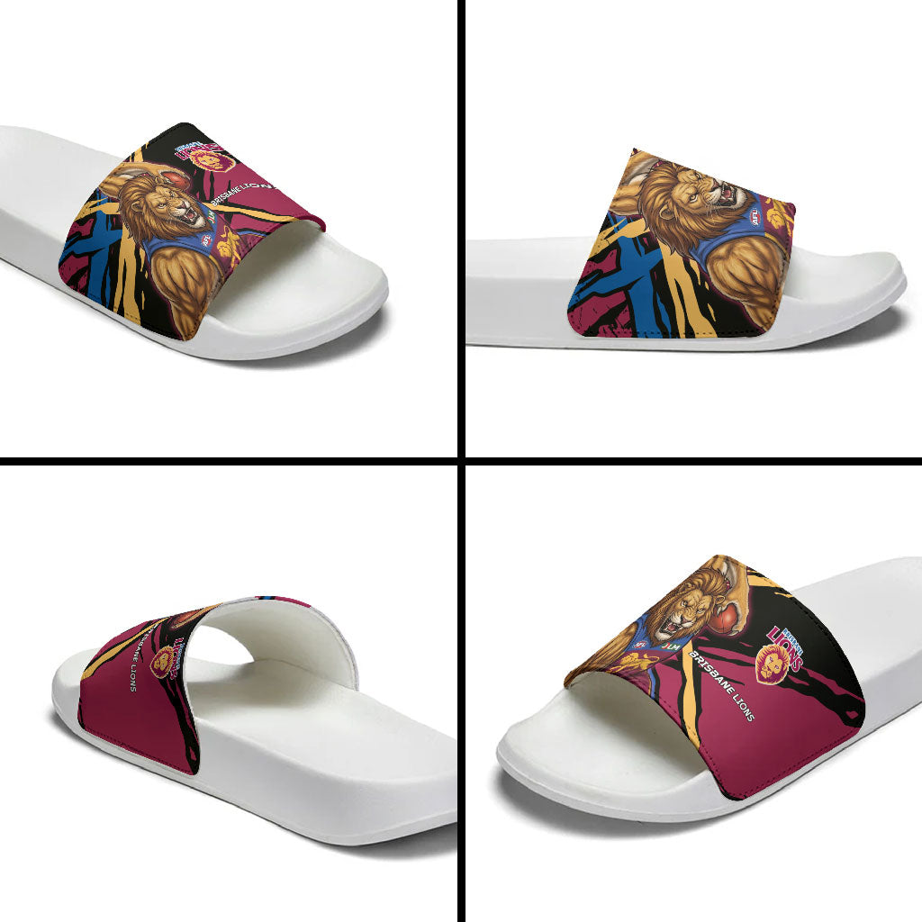 Brisbane Lions Slide Sandals Lions Muscular Mascot Graphic - Abstract Paint Splatter Art