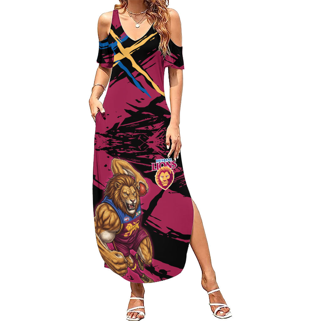 Brisbane Lions Summer Maxi Dress Lions Muscular Mascot Graphic - Abstract Paint Splatter Art