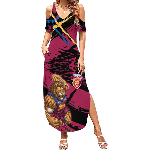Brisbane Lions Summer Maxi Dress Lions Muscular Mascot Graphic - Abstract Paint Splatter Art