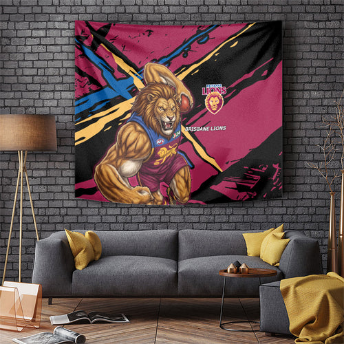 Brisbane Lions Tapestry Lions Muscular Mascot Graphic - Abstract Paint Splatter Art