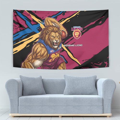 Brisbane Lions Tapestry Lions Muscular Mascot Graphic - Abstract Paint Splatter Art