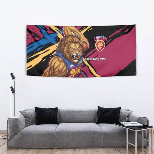 Brisbane Lions Tapestry Lions Muscular Mascot Graphic - Abstract Paint Splatter Art