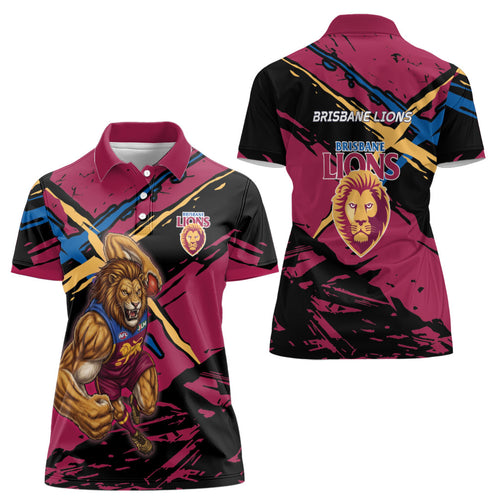 Brisbane Lions Women Polo Shirt Lions Muscular Mascot Graphic - Abstract Paint Splatter Art