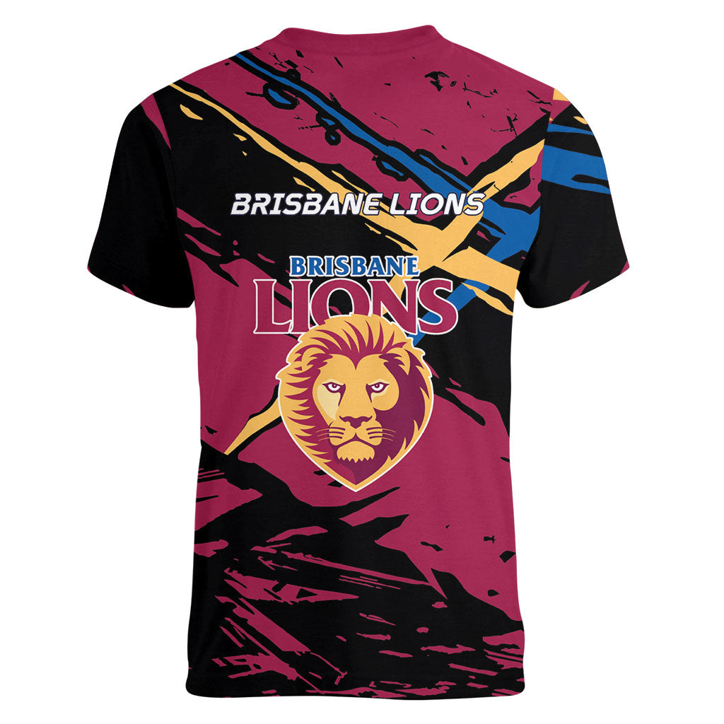Brisbane Lions Women V-Neck T-Shirt Lions Muscular Mascot Graphic - Abstract Paint Splatter Art