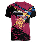 Brisbane Lions Women V-Neck T-Shirt Lions Muscular Mascot Graphic - Abstract Paint Splatter Art