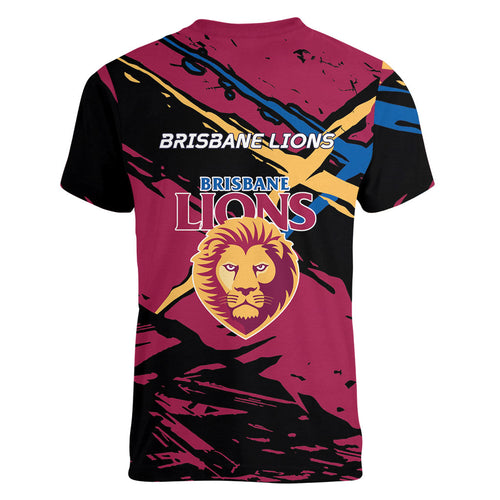 Brisbane Lions Women V-Neck T-Shirt Lions Muscular Mascot Graphic - Abstract Paint Splatter Art