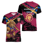 Brisbane Lions Women V-Neck T-Shirt Lions Muscular Mascot Graphic - Abstract Paint Splatter Art