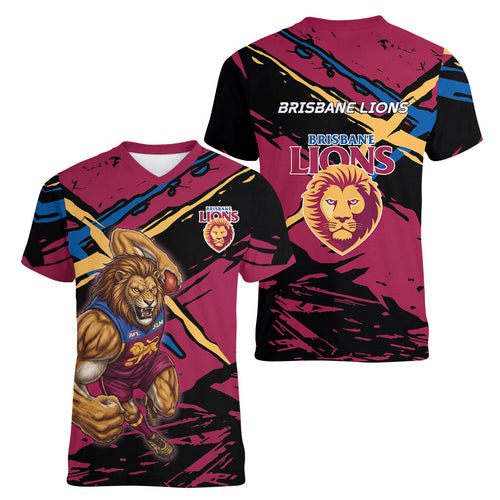 Brisbane Lions Women V-Neck T-Shirt Lions Muscular Mascot Graphic - Abstract Paint Splatter Art
