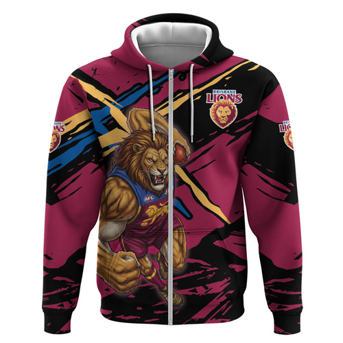 Brisbane Lions Zip Hoodie Lions Muscular Mascot Graphic - Abstract Paint Splatter Art