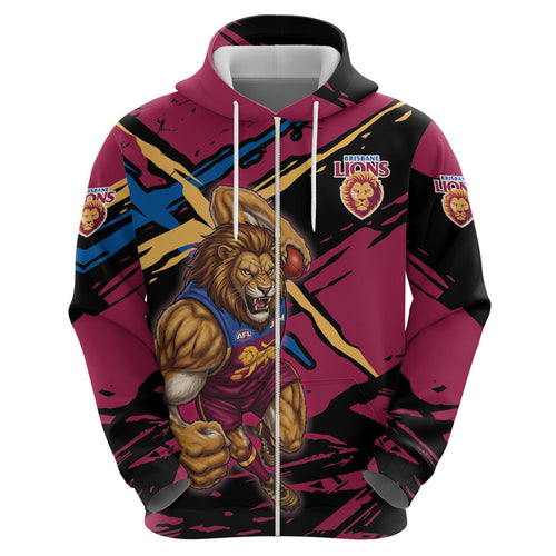 Brisbane Lions Zip Hoodie Lions Muscular Mascot Graphic - Abstract Paint Splatter Art