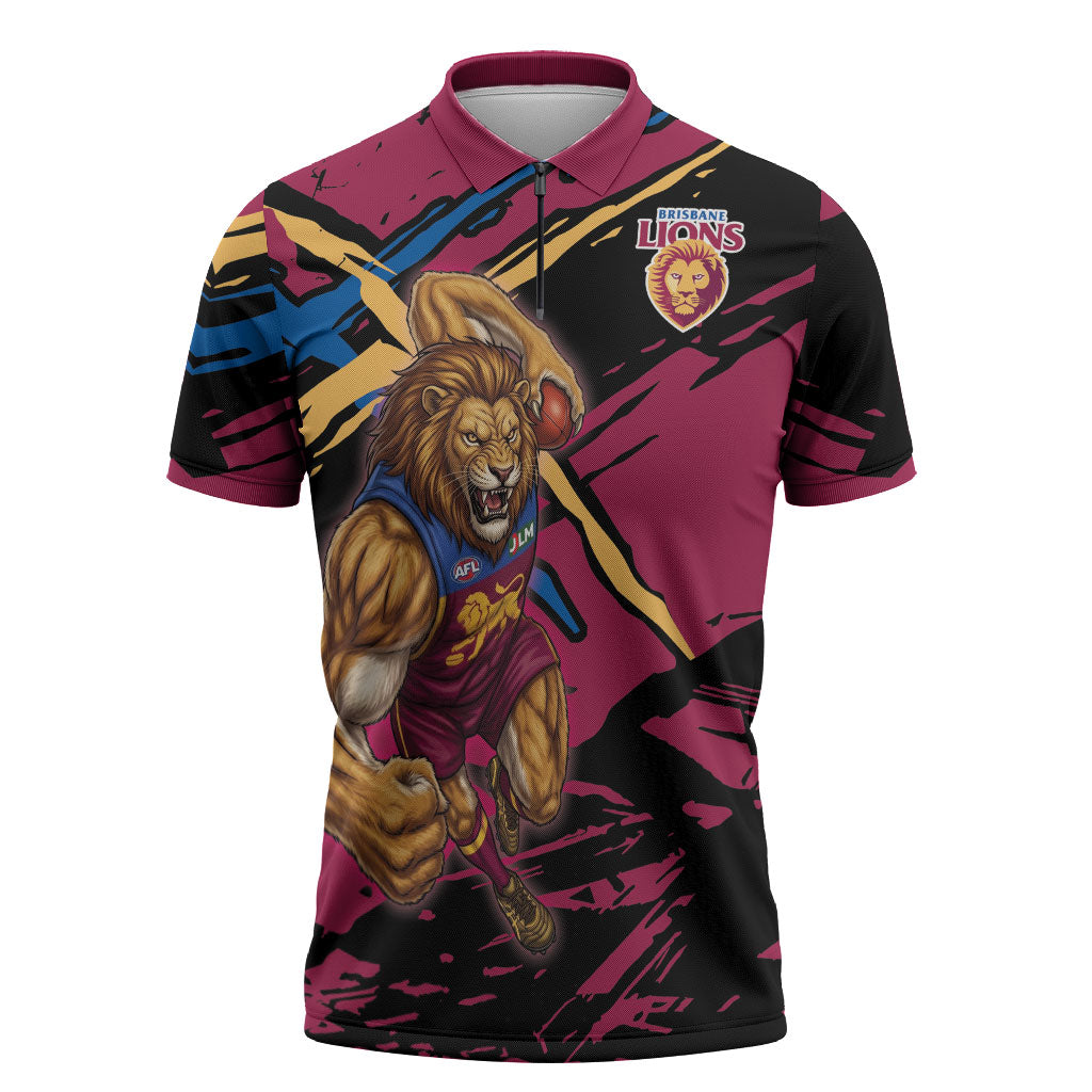 Brisbane Lions Zipper Polo Shirt Lions Muscular Mascot Graphic - Abstract Paint Splatter Art