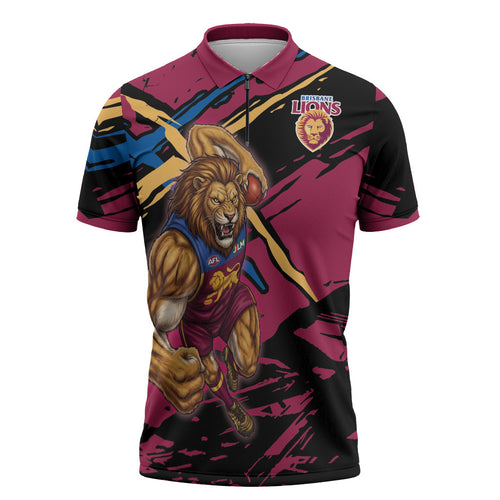 Brisbane Lions Zipper Polo Shirt Lions Muscular Mascot Graphic - Abstract Paint Splatter Art