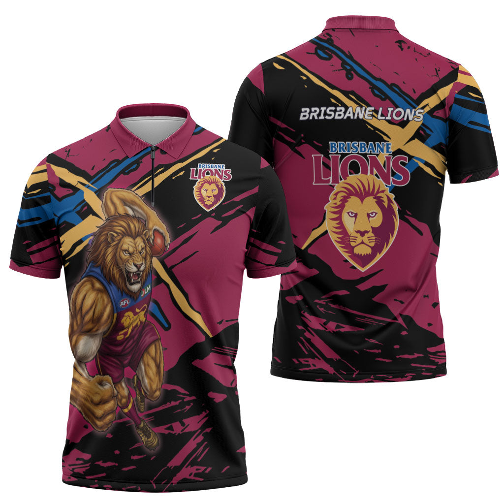 Brisbane Lions Zipper Polo Shirt Lions Muscular Mascot Graphic - Abstract Paint Splatter Art