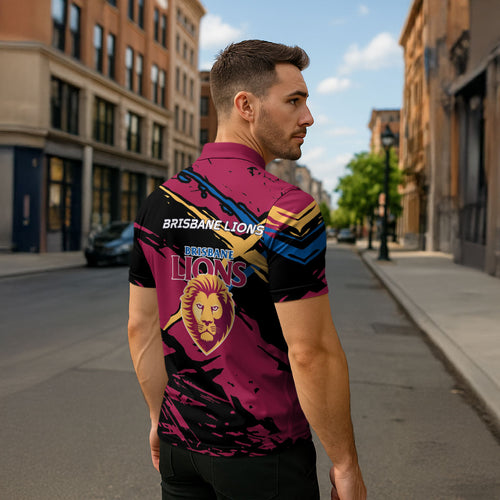 Brisbane Lions Zipper Polo Shirt Lions Muscular Mascot Graphic - Abstract Paint Splatter Art