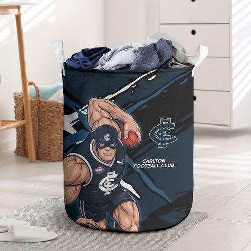 Carlton Football Club Laundry Basket Blues Muscular Mascot Graphic - Abstract Paint Splatter Art