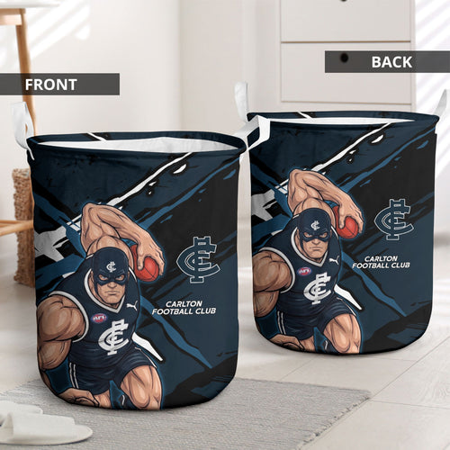 Carlton Football Club Laundry Basket Blues Muscular Mascot Graphic - Abstract Paint Splatter Art