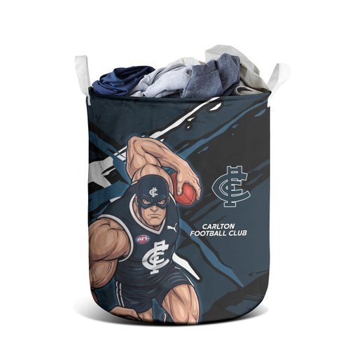 Carlton Football Club Laundry Basket Blues Muscular Mascot Graphic - Abstract Paint Splatter Art