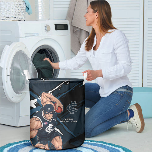 Carlton Football Club Laundry Basket Blues Muscular Mascot Graphic - Abstract Paint Splatter Art