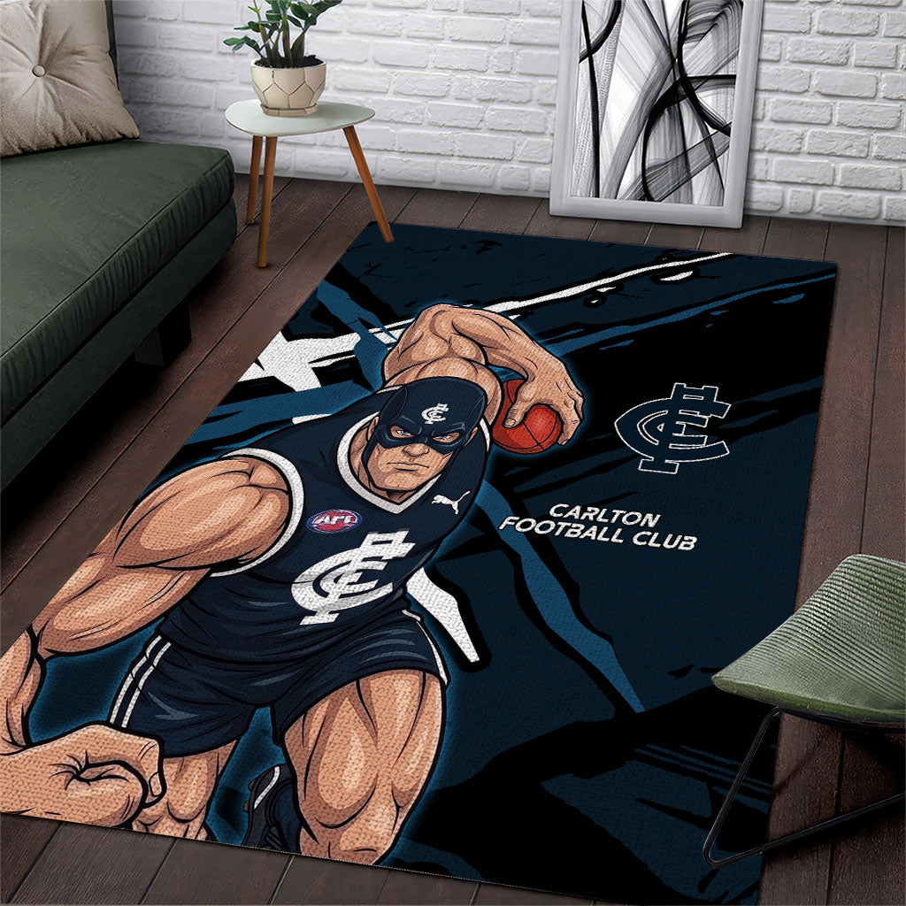 Carlton Football Club Area Rug Blues Muscular Mascot Graphic - Abstract Paint Splatter Art