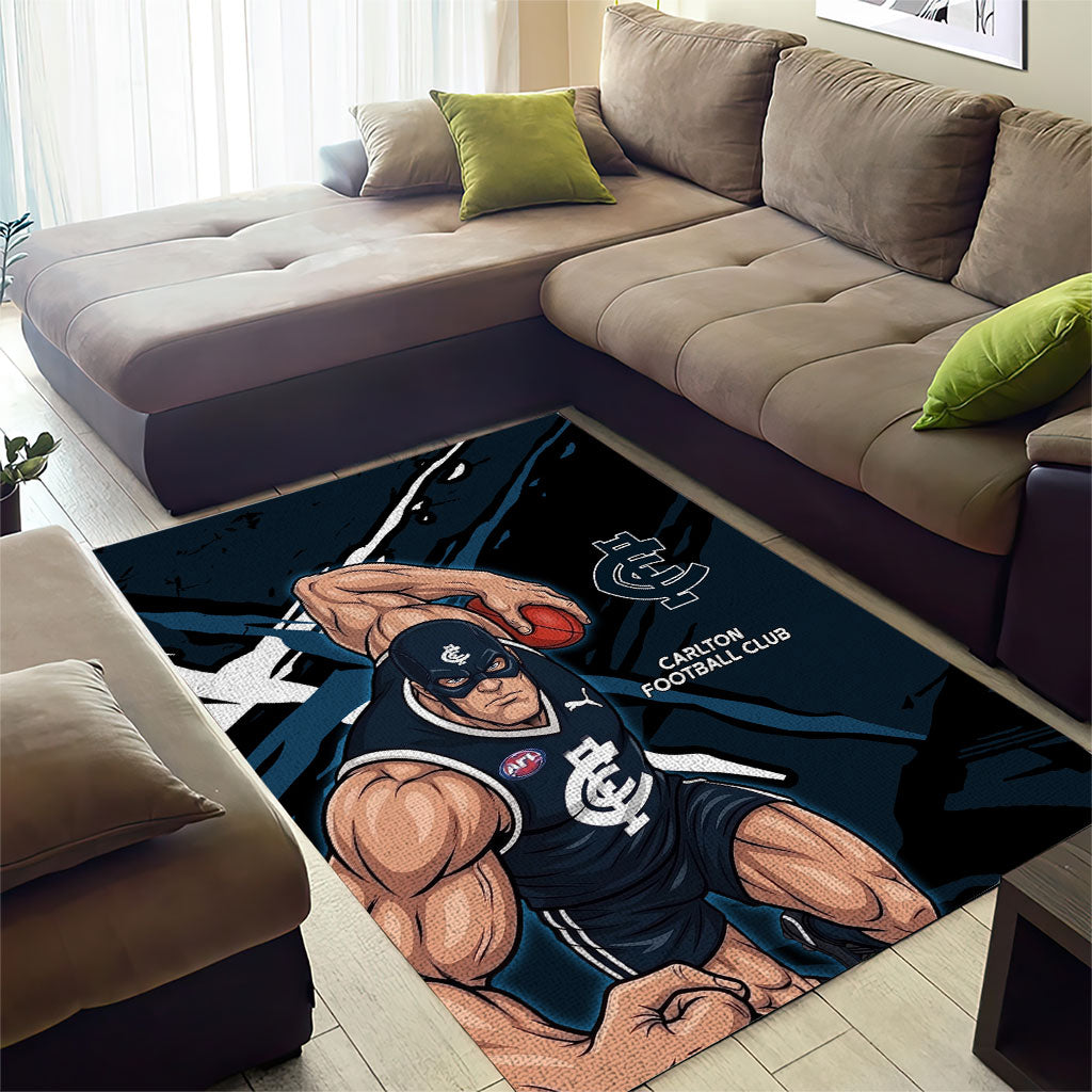Carlton Football Club Area Rug Blues Muscular Mascot Graphic - Abstract Paint Splatter Art