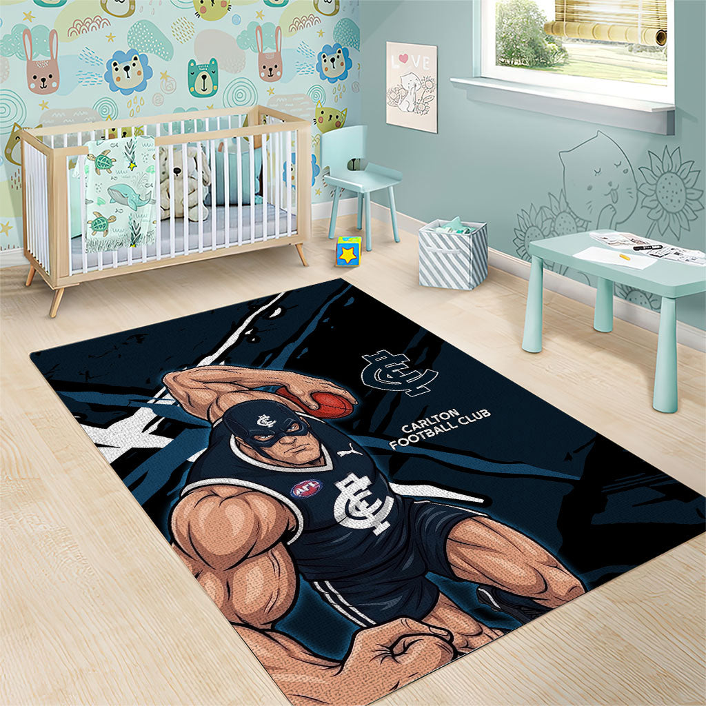 Carlton Football Club Area Rug Blues Muscular Mascot Graphic - Abstract Paint Splatter Art