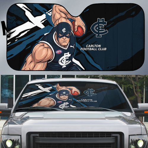 Carlton Football Club Auto Sun Shade Blues Muscular Mascot Graphic - Abstract Paint Splatter Art