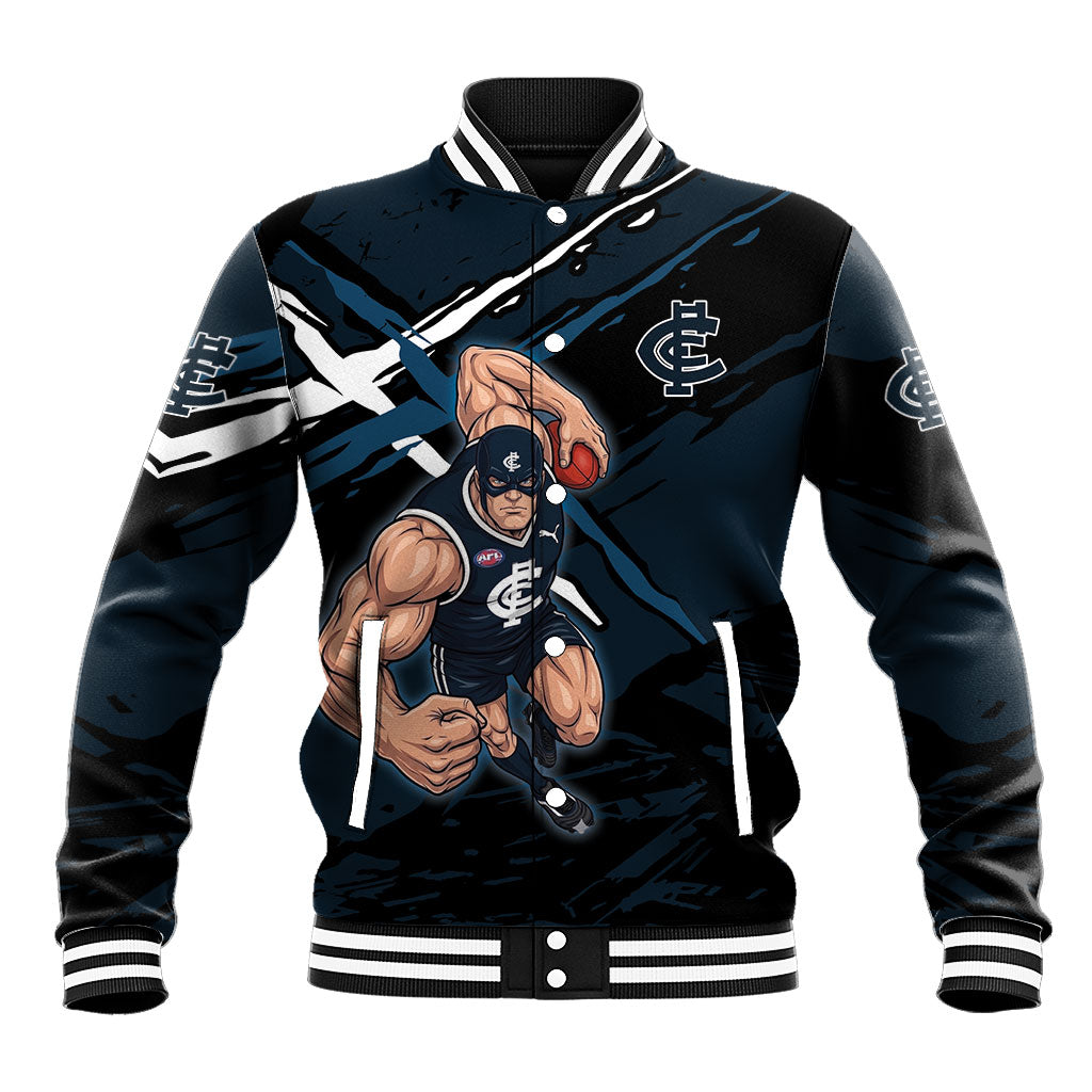 Carlton Football Club Baseball Jacket Blues Muscular Mascot Graphic - Abstract Paint Splatter Art