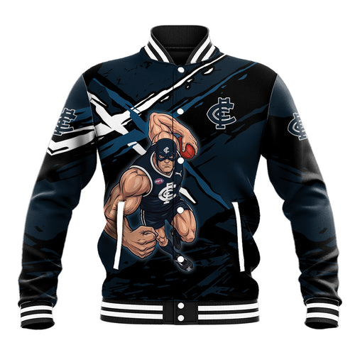 Carlton Football Club Baseball Jacket Blues Muscular Mascot Graphic - Abstract Paint Splatter Art