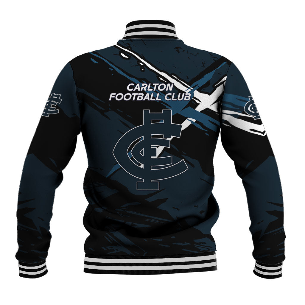 Carlton Football Club Baseball Jacket Blues Muscular Mascot Graphic - Abstract Paint Splatter Art