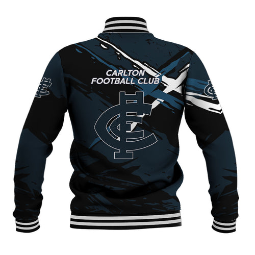 Carlton Football Club Baseball Jacket Blues Muscular Mascot Graphic - Abstract Paint Splatter Art