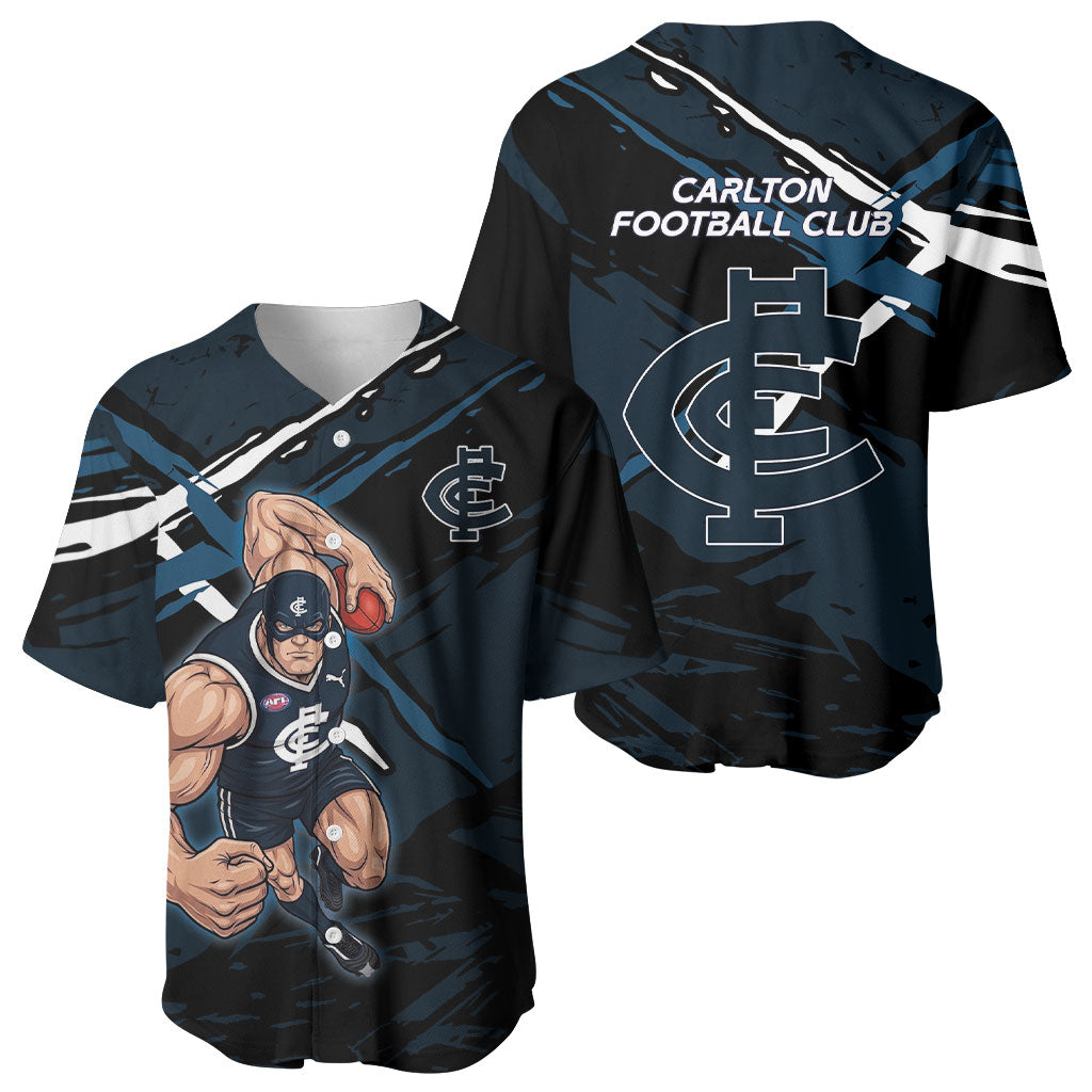 Carlton Football Club Baseball Jersey Blues Muscular Mascot Graphic - Abstract Paint Splatter Art