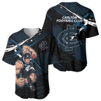 Carlton Football Club Baseball Jersey Blues Muscular Mascot Graphic - Abstract Paint Splatter Art