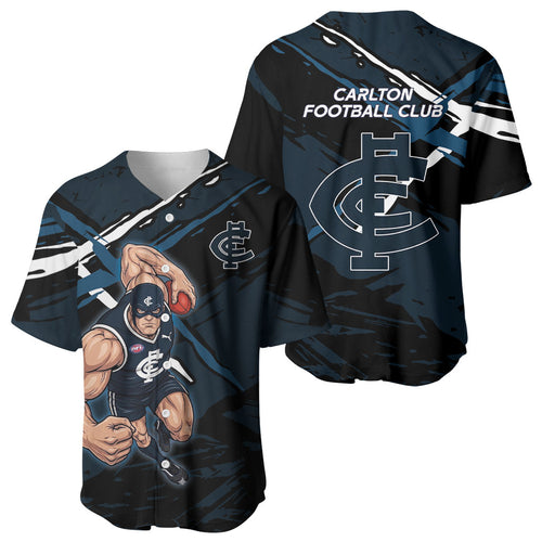Carlton Football Club Baseball Jersey Blues Muscular Mascot Graphic - Abstract Paint Splatter Art