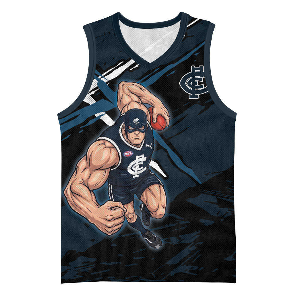 Carlton Football Club Basketball Jersey Blues Muscular Mascot Graphic - Abstract Paint Splatter Art