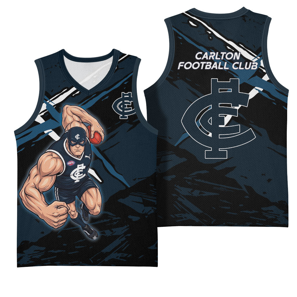 Carlton Football Club Basketball Jersey Blues Muscular Mascot Graphic - Abstract Paint Splatter Art