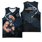 Carlton Football Club Basketball Jersey Blues Muscular Mascot Graphic - Abstract Paint Splatter Art