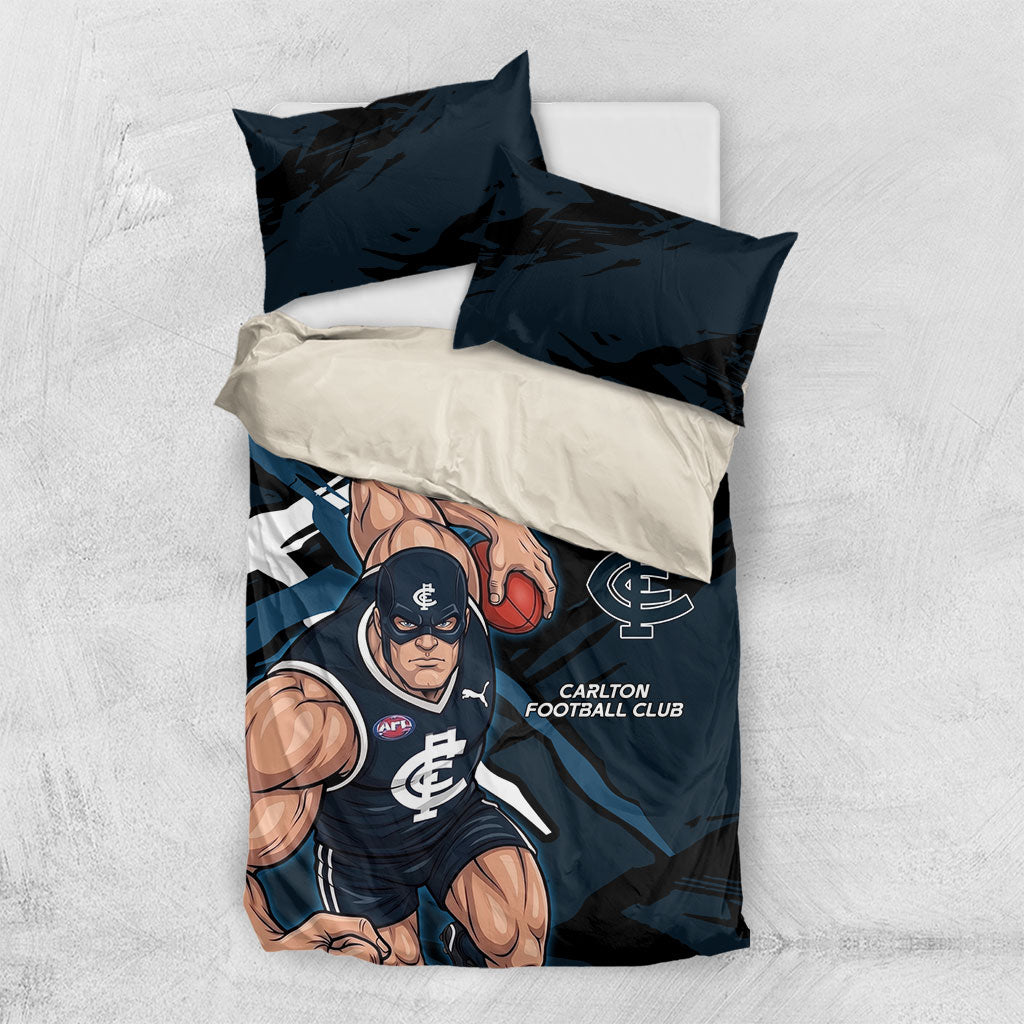 Carlton Football Club Bedding Set Blues Muscular Mascot Graphic - Abstract Paint Splatter Art