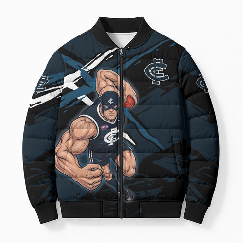 Carlton Football Club Bomber Puffer Jacket Blues Muscular Mascot Graphic - Abstract Paint Splatter Art