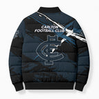 Carlton Football Club Bomber Puffer Jacket Blues Muscular Mascot Graphic - Abstract Paint Splatter Art