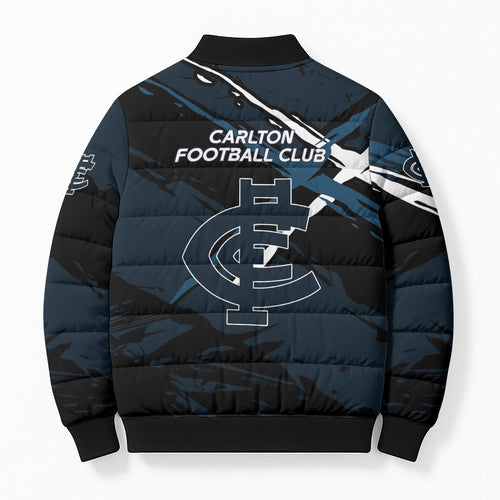 Carlton Football Club Bomber Puffer Jacket Blues Muscular Mascot Graphic - Abstract Paint Splatter Art
